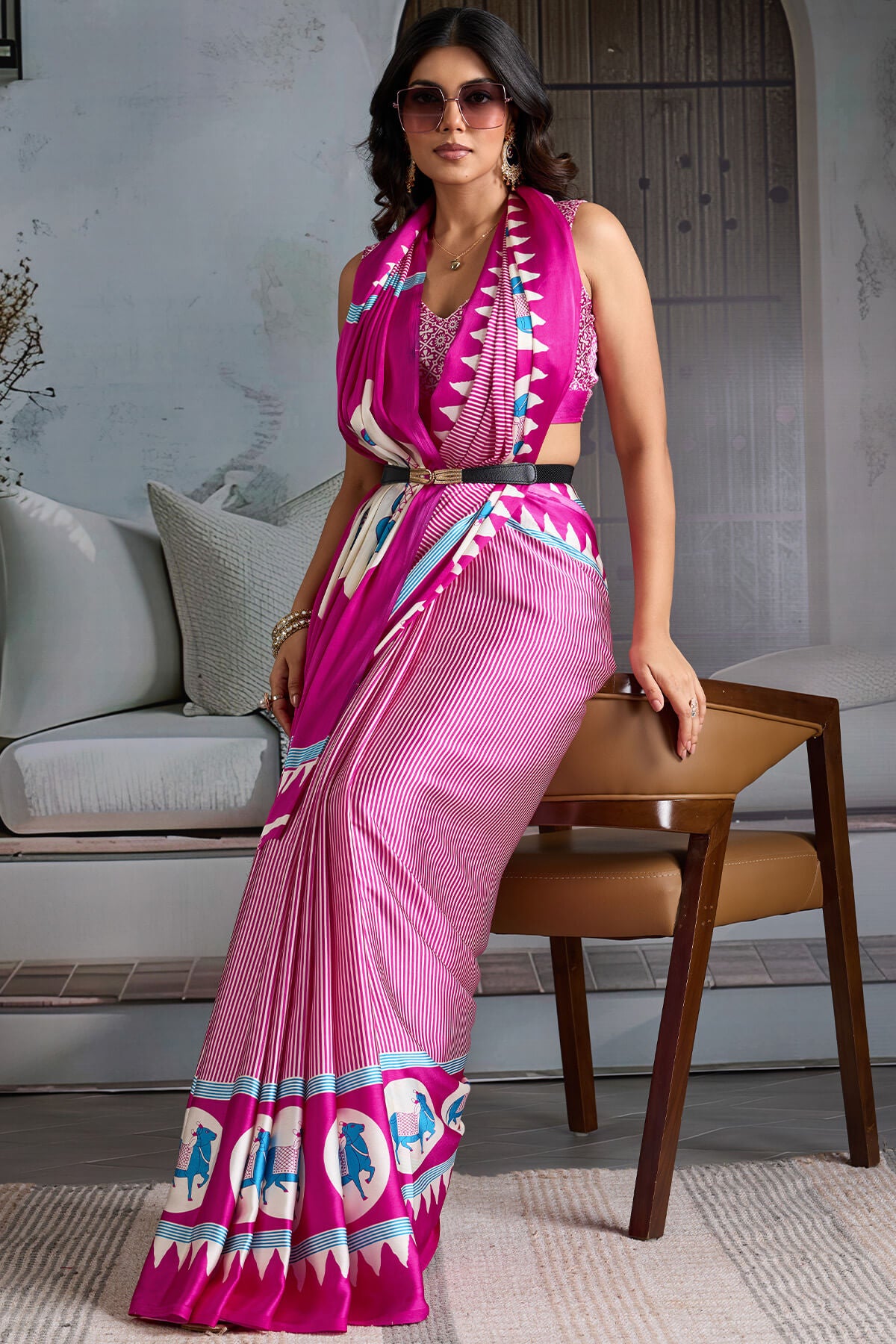 Glittering Dark Pink Ajrakh Printed Satin Silk Saree With Pretty Blouse Piece