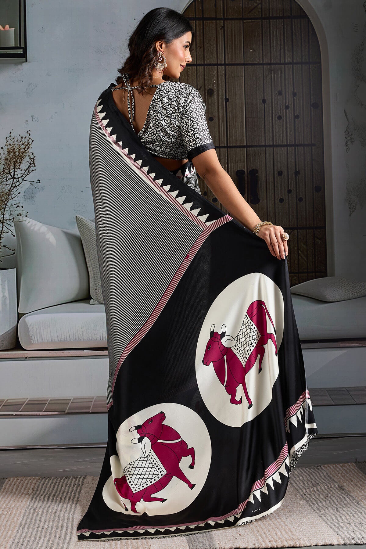 Angelic Black Ajrakh Printed Satin Silk Saree With Staring Blouse Piece