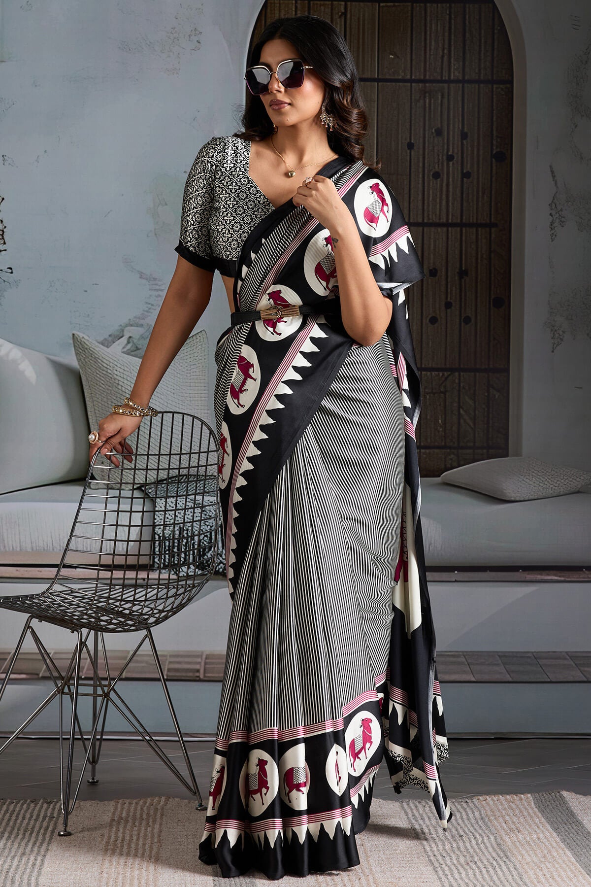 Angelic Black Ajrakh Printed Satin Silk Saree With Staring Blouse Piece