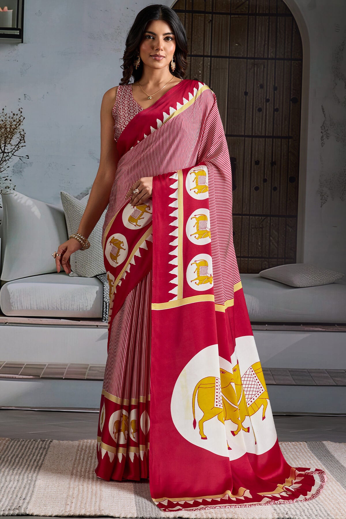 Mesmeric Red Ajrakh Printed Satin Silk Saree With Magnetic Blouse Piece