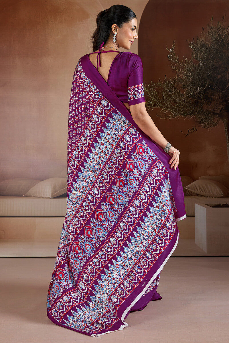 Lissome Purple Ajrakh Printed Satin Silk Saree With Desultory Blouse Piece