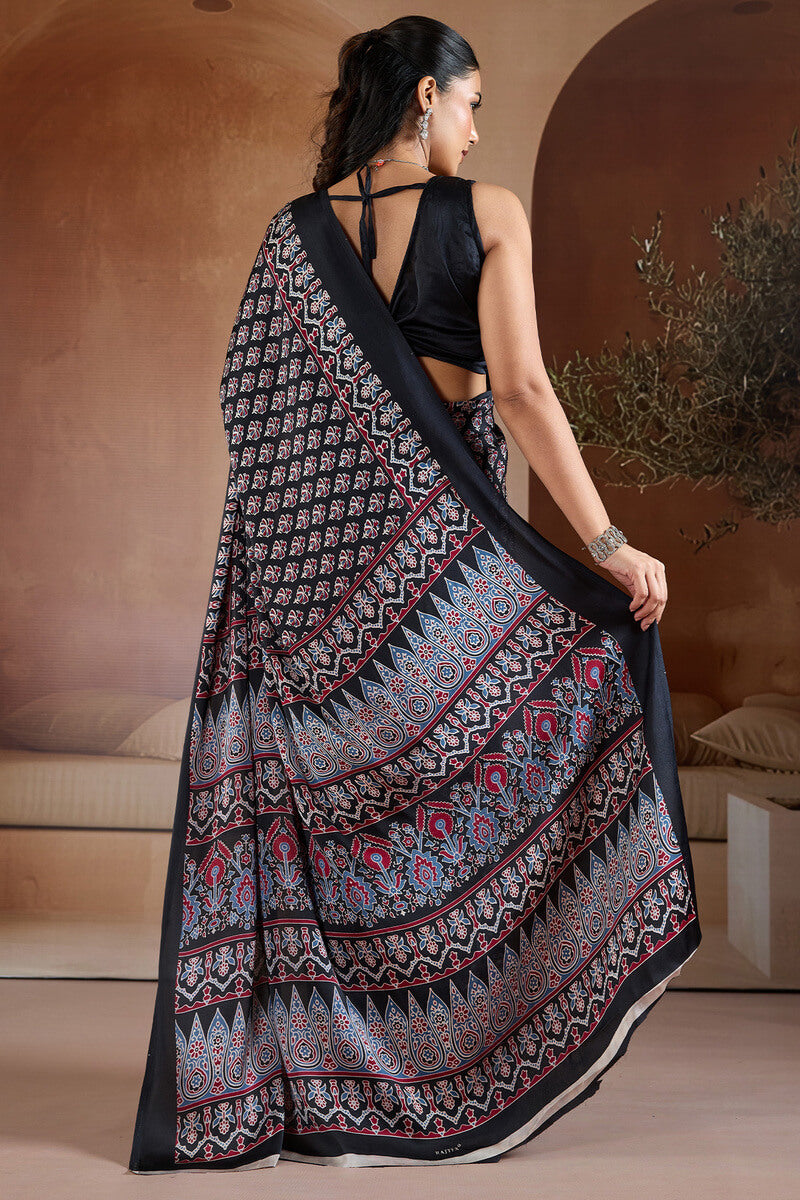 Embrocation Black Ajrakh Printed Satin Silk Saree With Fantabulous Blouse Piece