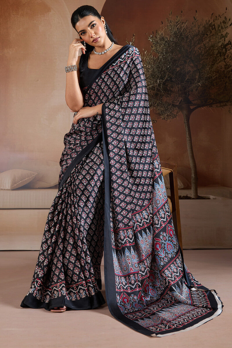 Embrocation Black Ajrakh Printed Satin Silk Saree With Fantabulous Blouse Piece