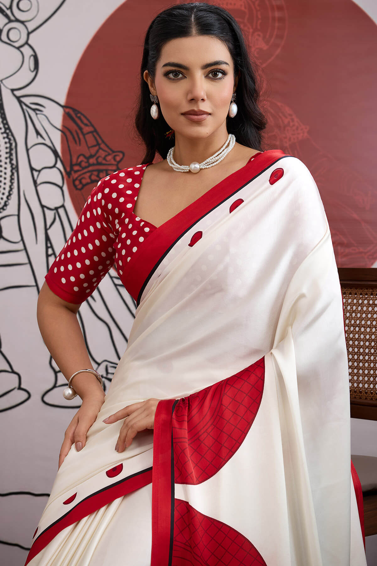Forbearance Off White and Red Ajrakh Printed Satin Silk Saree With Moiety Blouse Piece