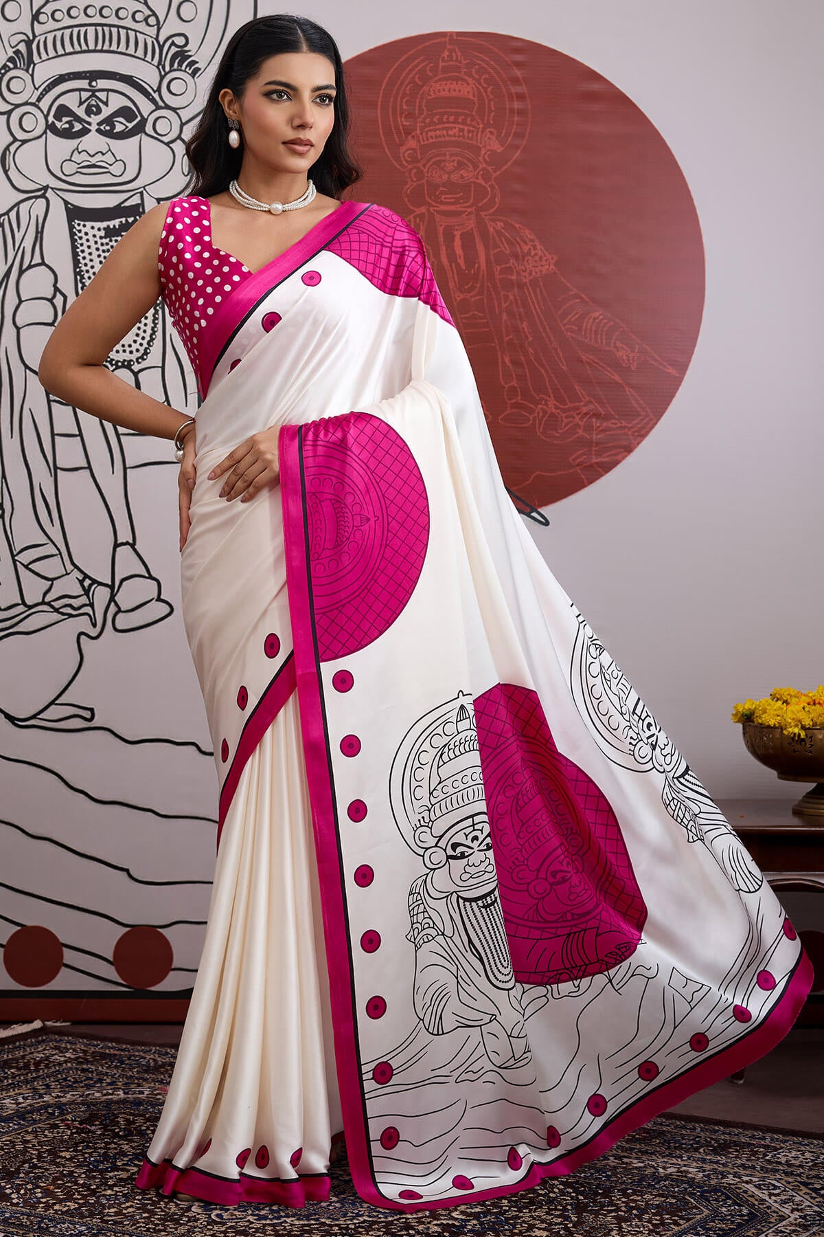 Luminous Off White and Pink Ajrakh Printed Satin Silk Saree With Phenomenal Blouse Piece