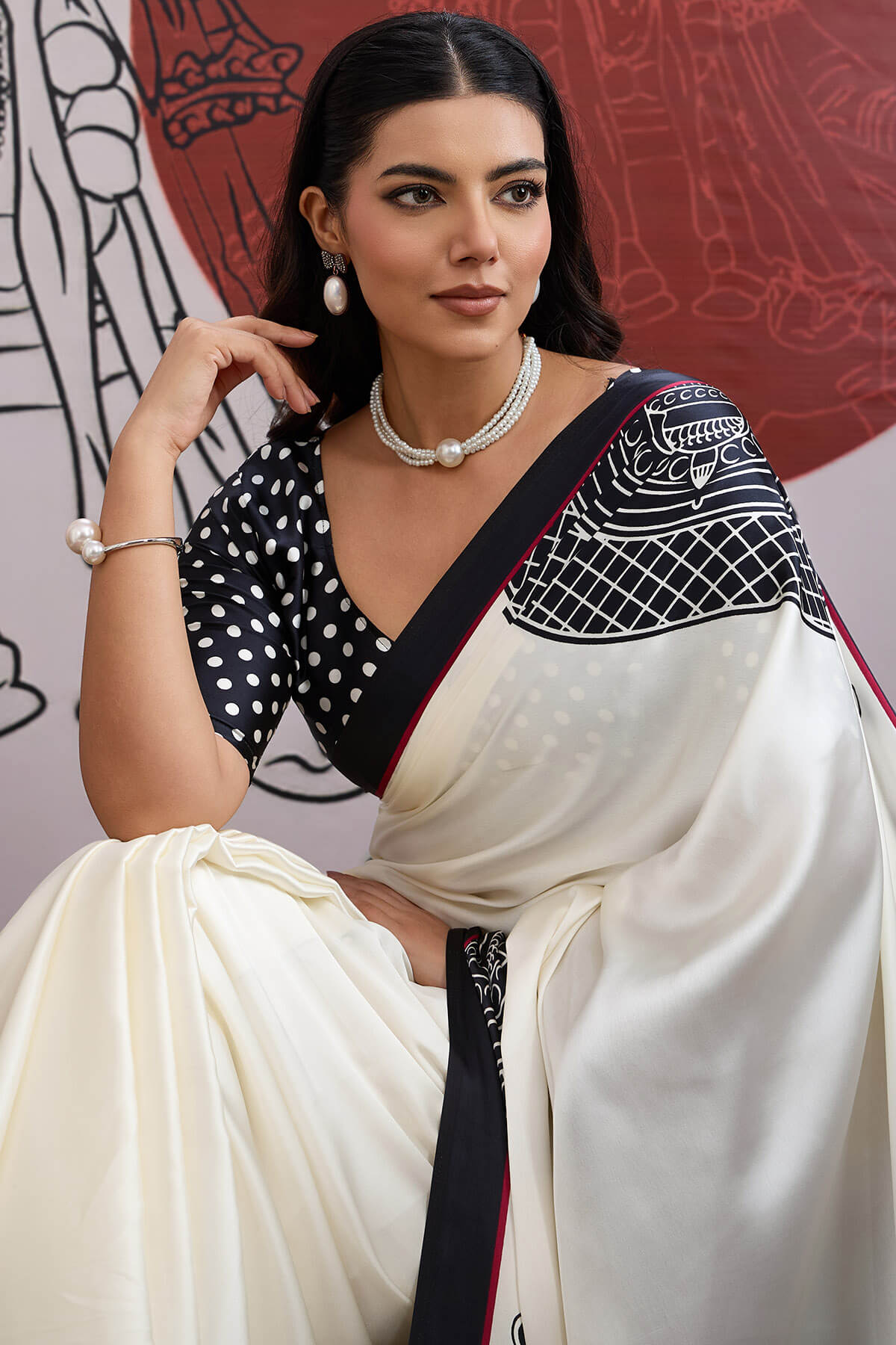 Woebegone Off White and Black Ajrakh Printed Satin Silk Saree With Lovely Blouse Piece