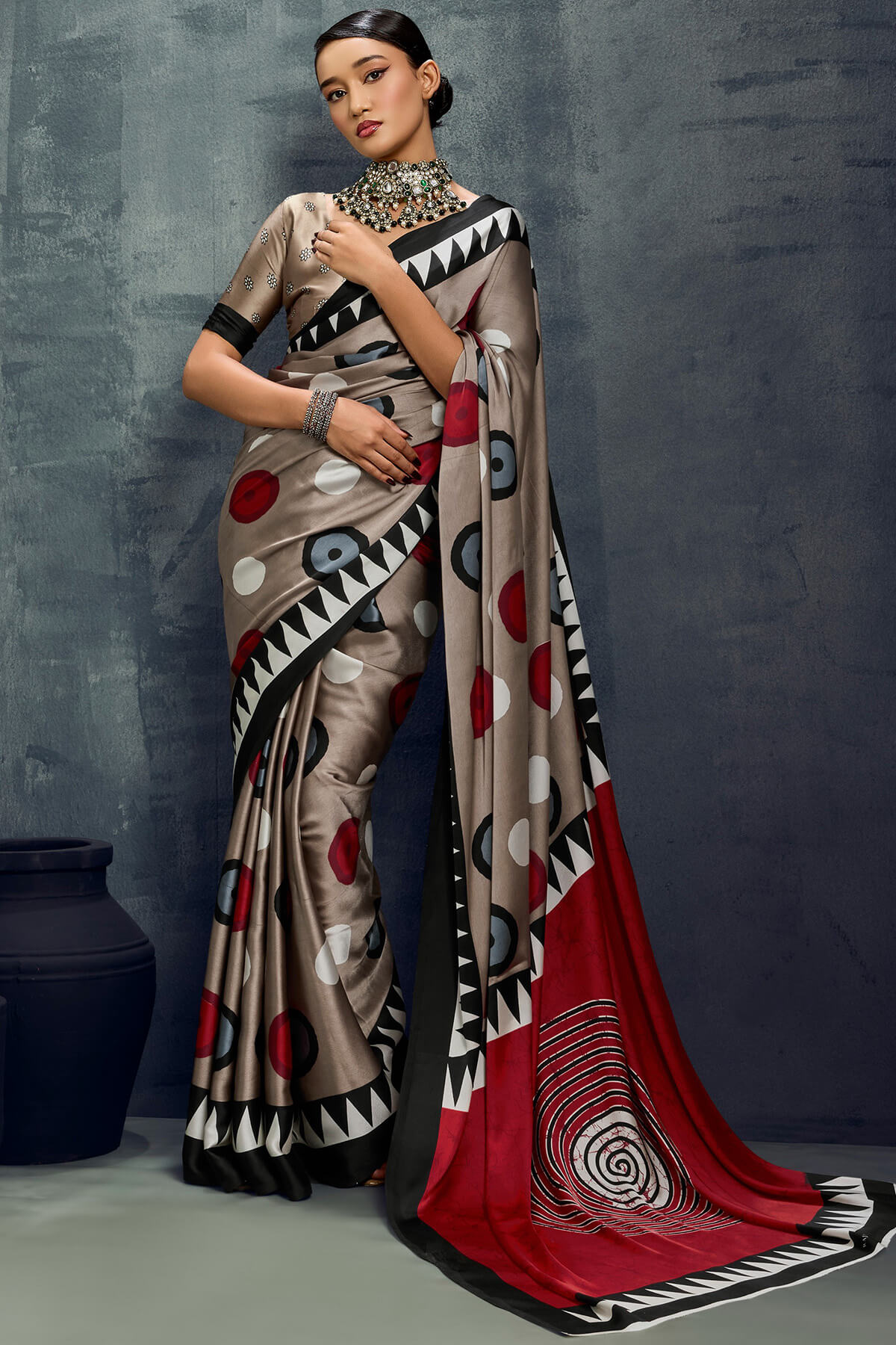 Mesmerising Brown Ajrakh Printed Satin Silk Saree With Ephemeral Blouse Piece