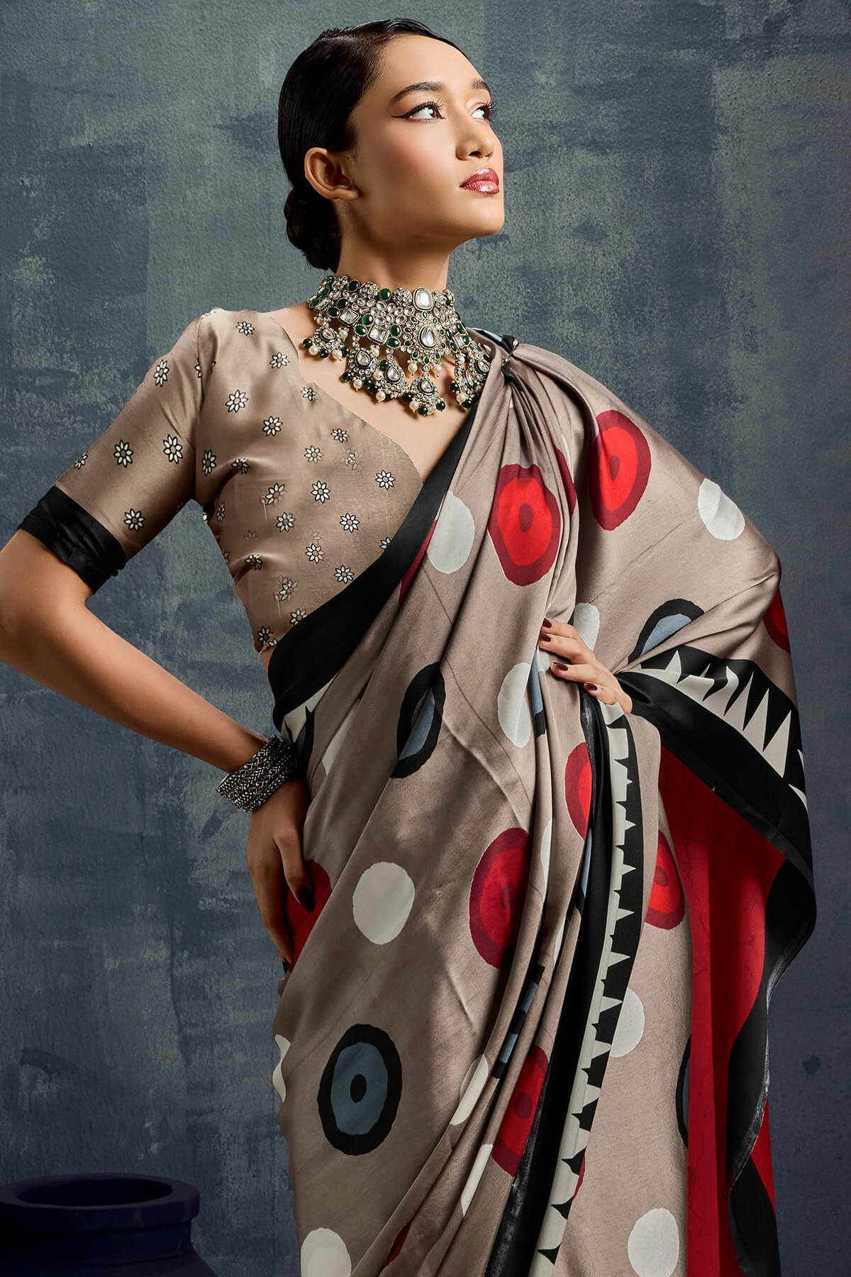 Mesmerising Brown Ajrakh Printed Satin Silk Saree With Ephemeral Blouse Piece