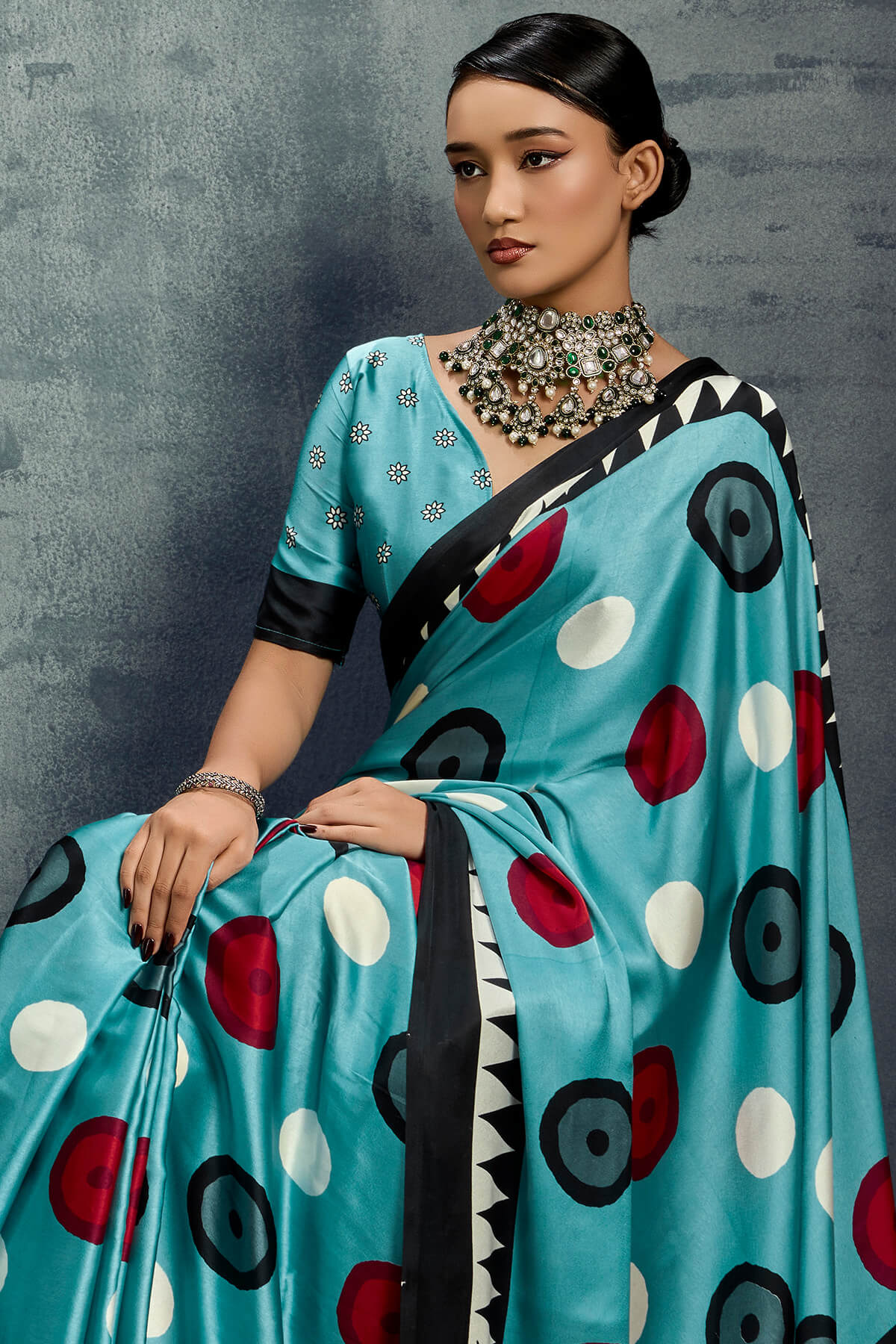 Luxuriant Firozi Ajrakh Printed Satin Silk Saree With Dalliance Blouse Piece