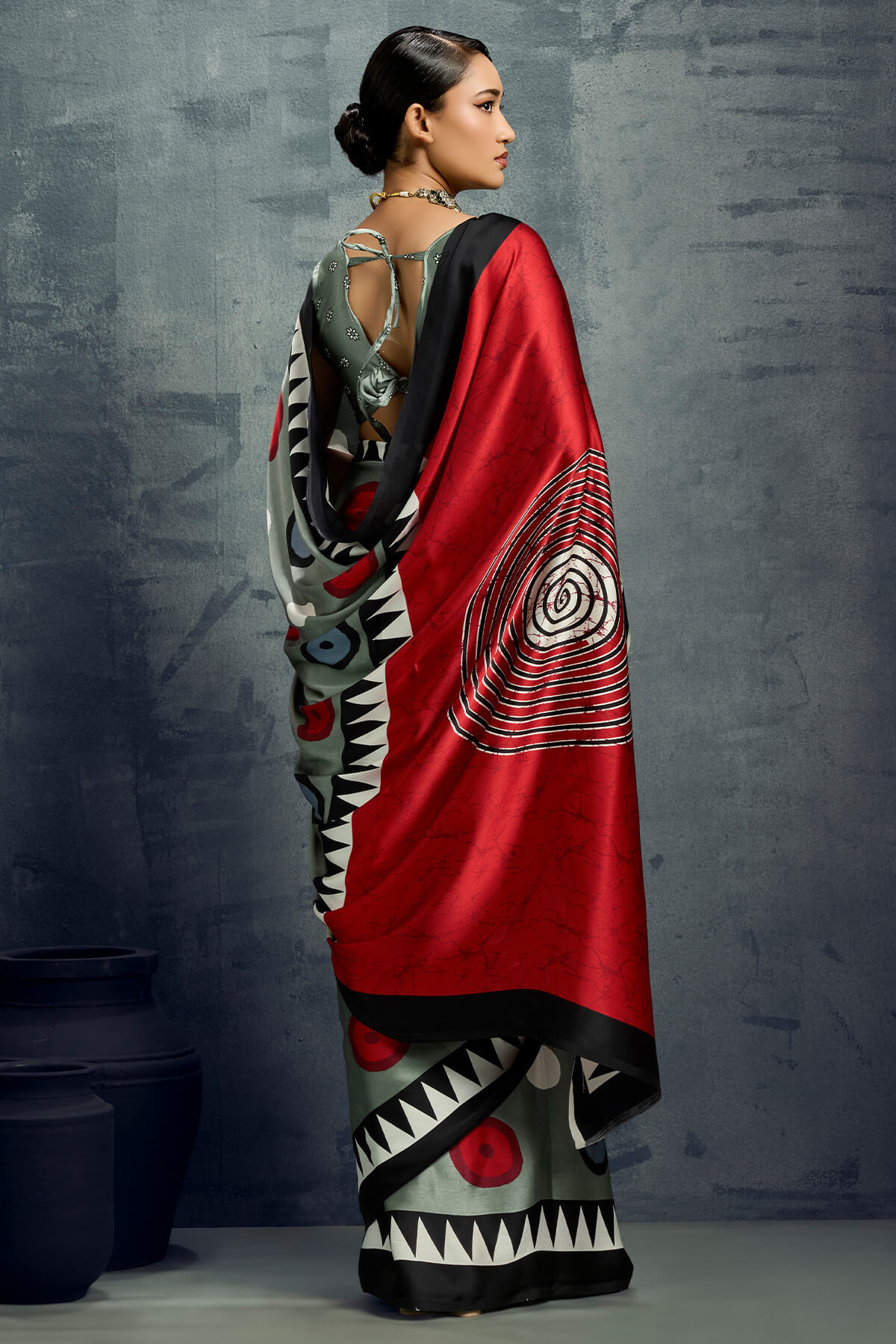 Evanescent Grey Ajrakh Printed Satin Silk Saree With Tremendous Blouse Piece