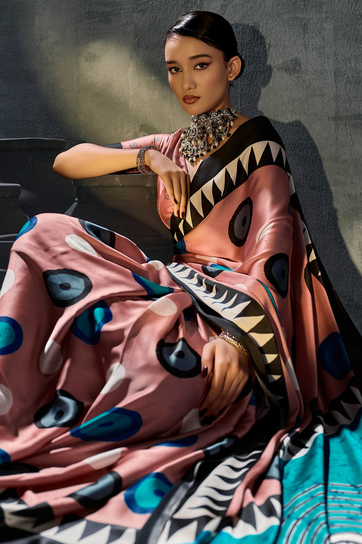 Adorning Pink Ajrakh Printed Satin Silk Saree With Chatoyant Blouse Piece