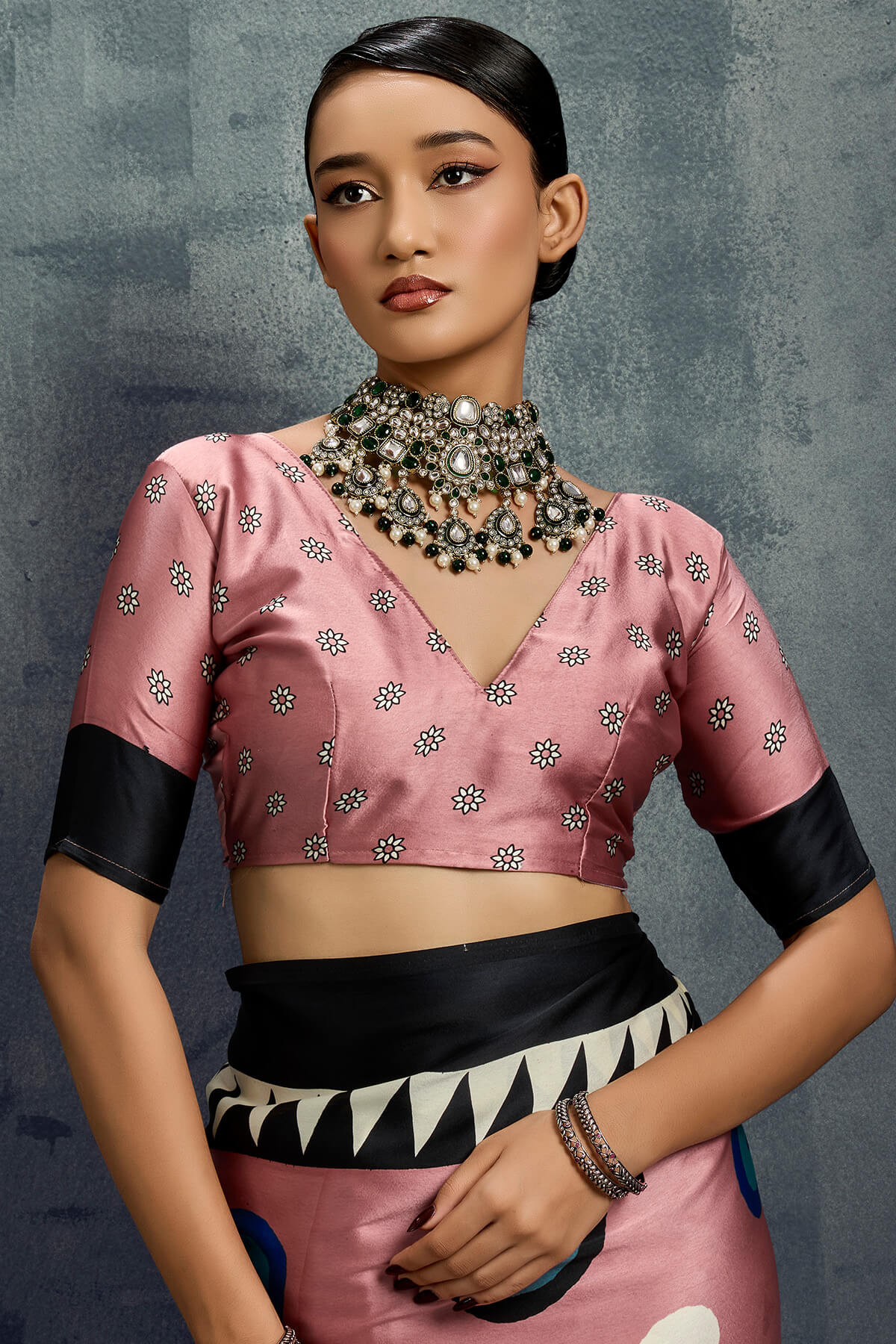 Adorning Pink Ajrakh Printed Satin Silk Saree With Chatoyant Blouse Piece