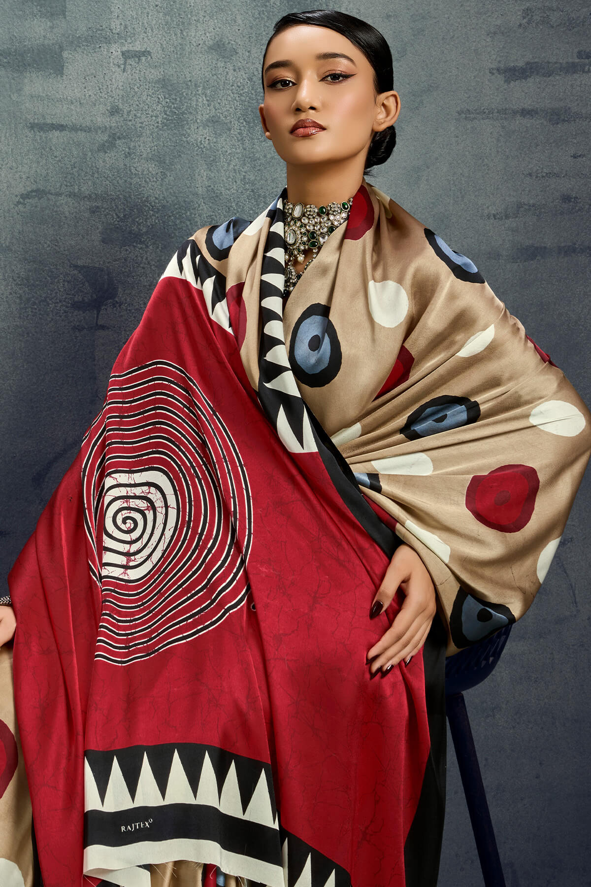 Demanding Dark Beige Ajrakh Printed Satin Silk Saree With Radiant Blouse Piece