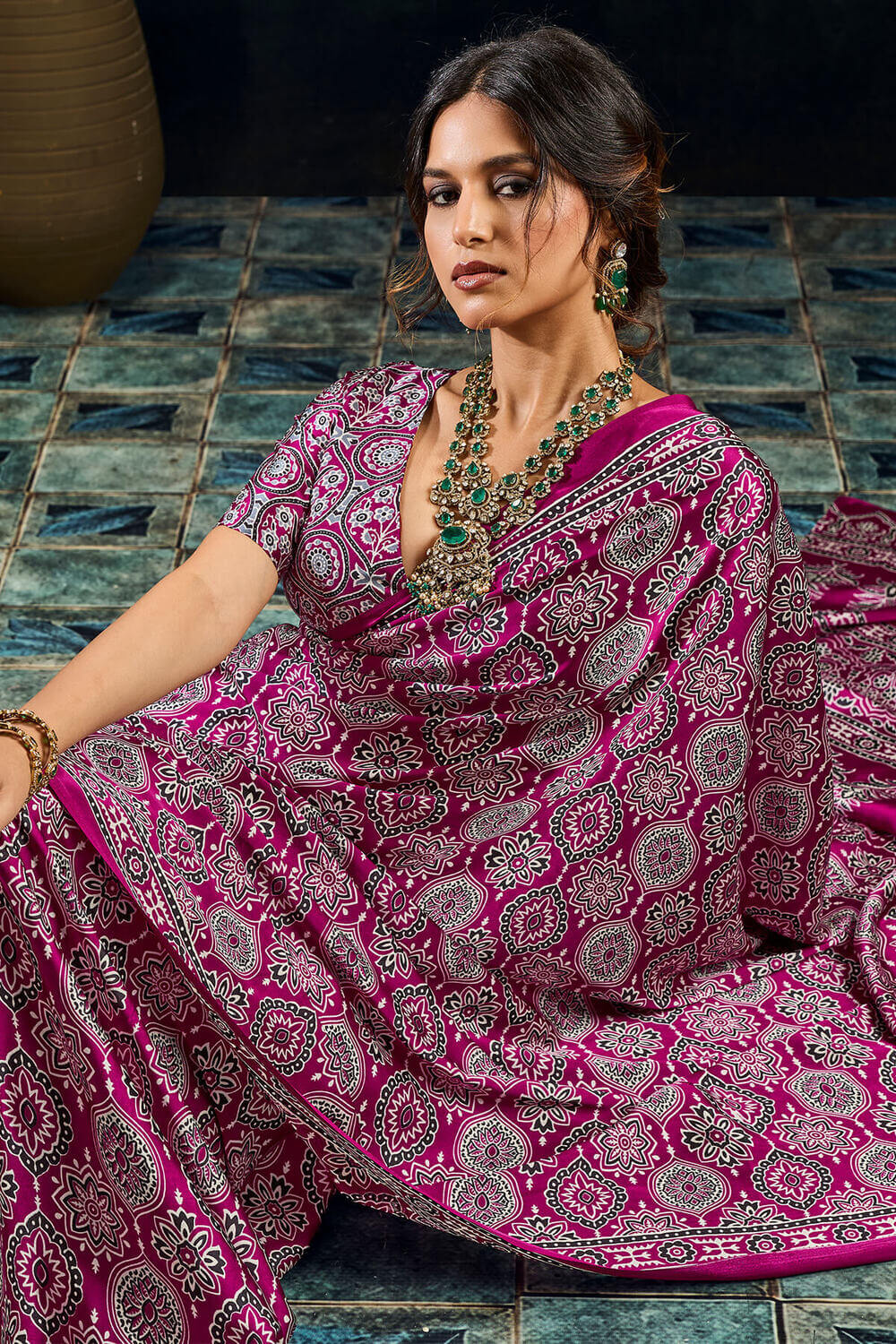 Bewitching Purple Ajrakh Printed Satin Silk Saree With Hypnotic Blouse Piece