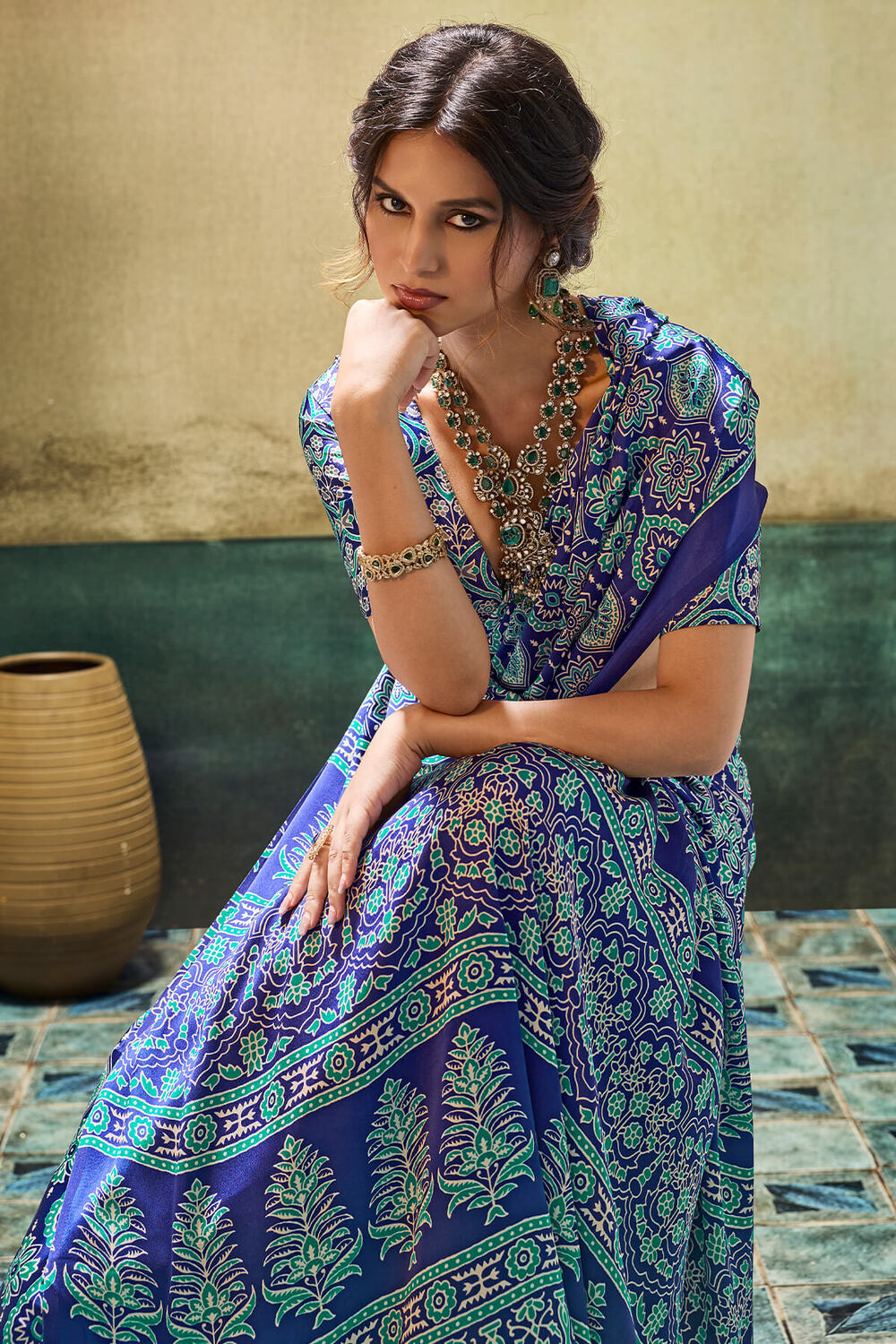 Cynosure Blue Ajrakh Printed Satin Silk Saree With Embrocation Blouse Piece