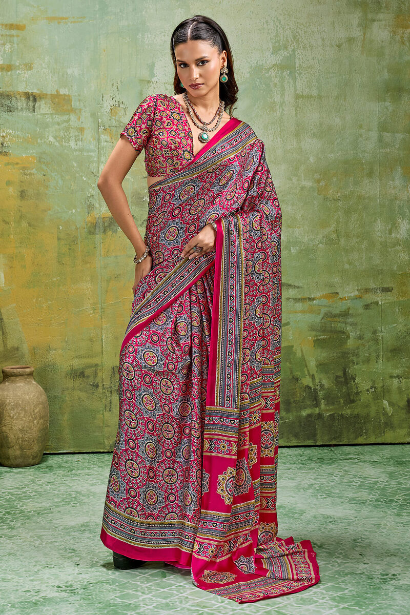 Impressive Dark Pink Ajrakh Printed Satin Silk Saree With Breathtaking Blouse Piece