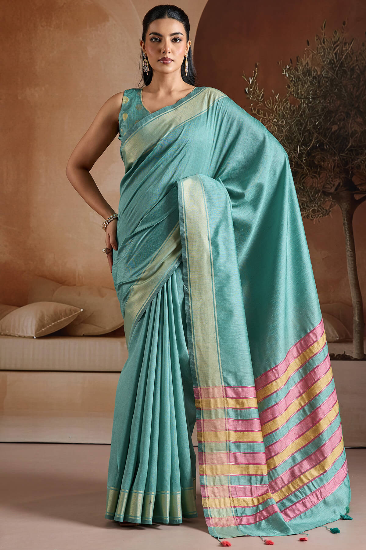 Proficient Firozi Soft Banarasi Bhagalpuri Silk Saree With Woebegone Blouse Piece