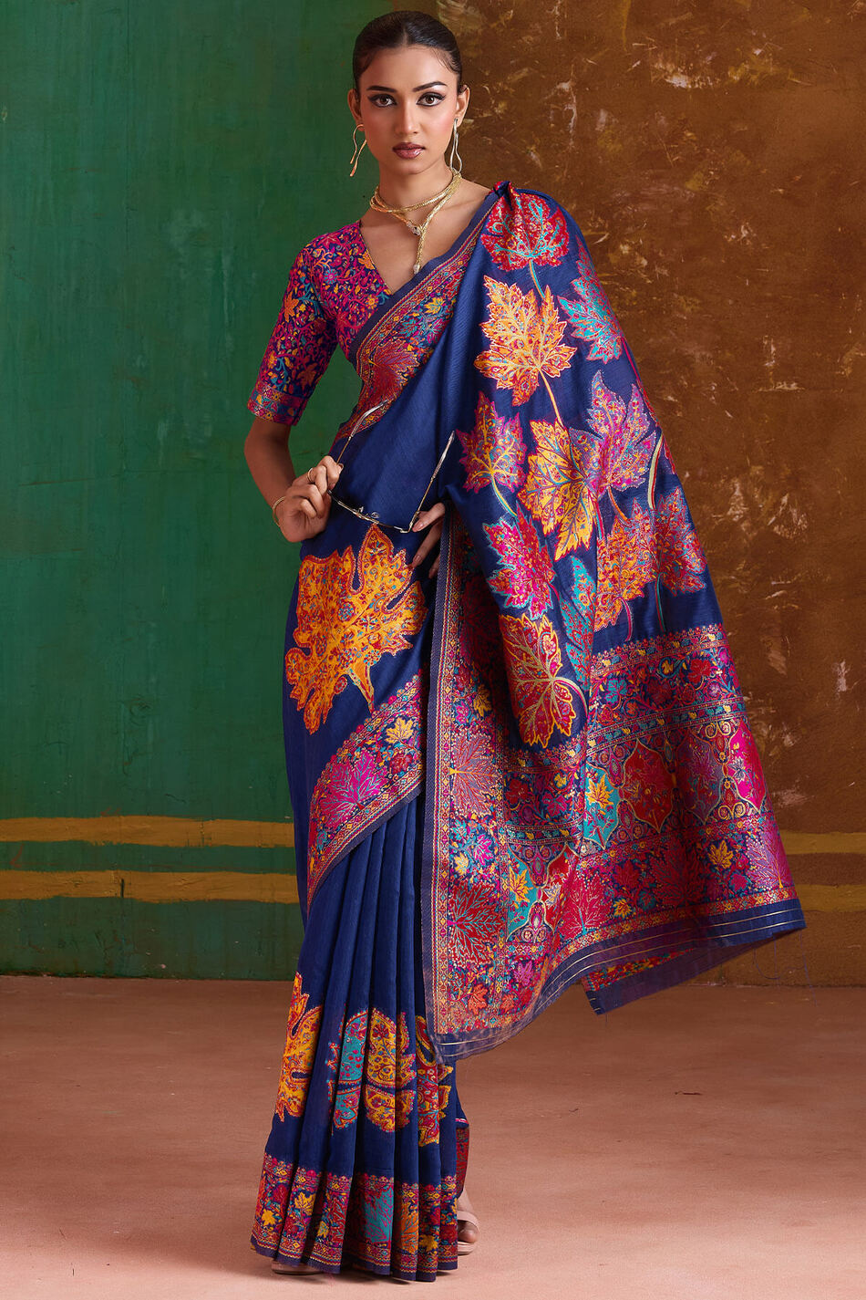 Sizzling Navy Blue Pashmina Saree With Incredible Blouse Piece