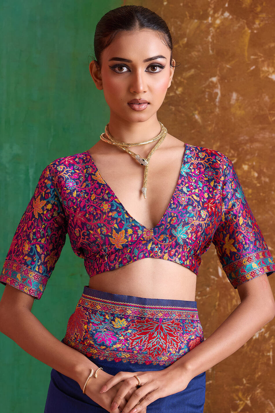 Sizzling Navy Blue Pashmina Saree With Incredible Blouse Piece