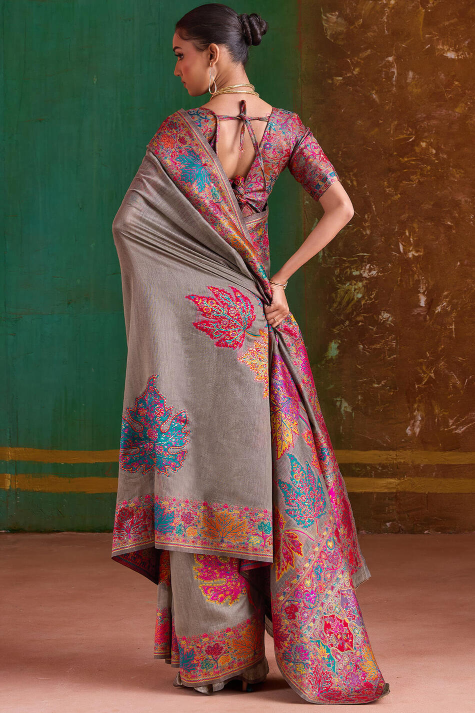 Appealing Grey Pashmina Saree With Charming Blouse Piece