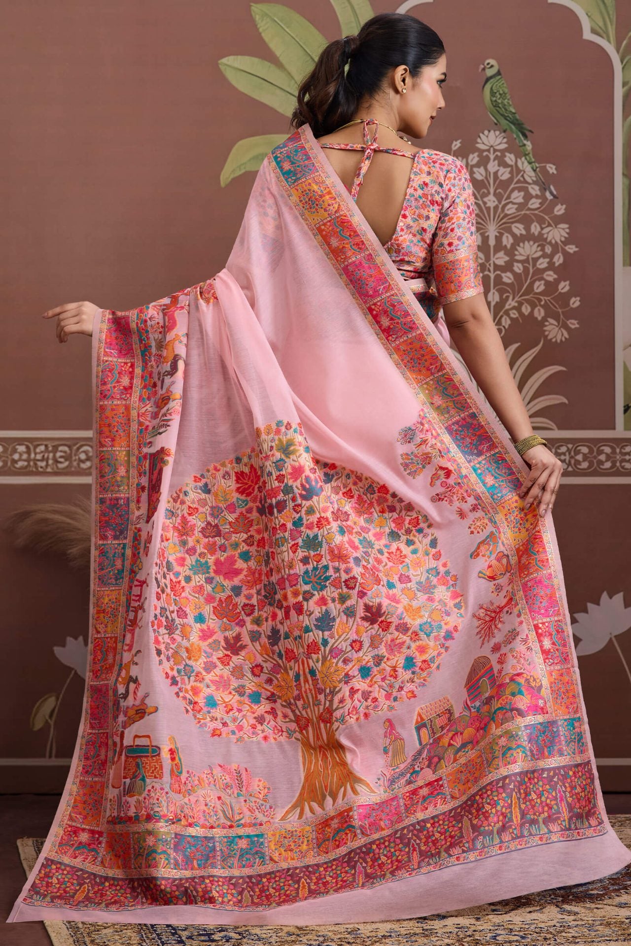 Transcendent Pink Pashmina saree With Flamboyant Blouse Piece
