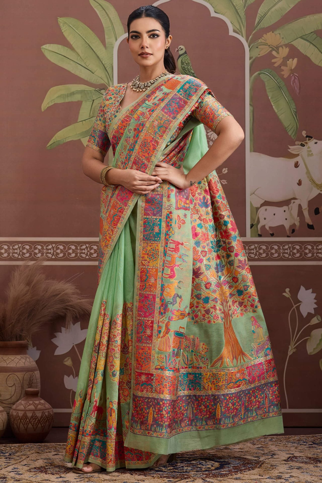Alluring Pista Pashmina saree With Nebula Blouse Piece