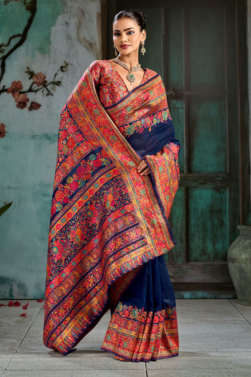 Wonderful Navy Blue Pashmina Saree With Serendipity Blouse Piece