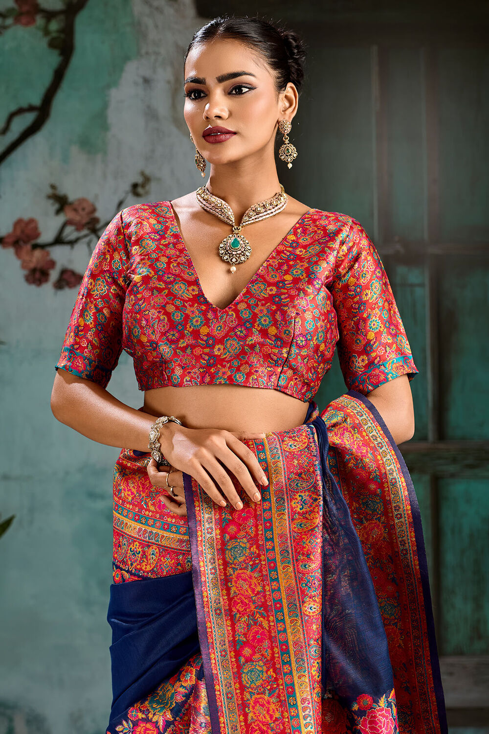 Wonderful Navy Blue Pashmina Saree With Serendipity Blouse Piece