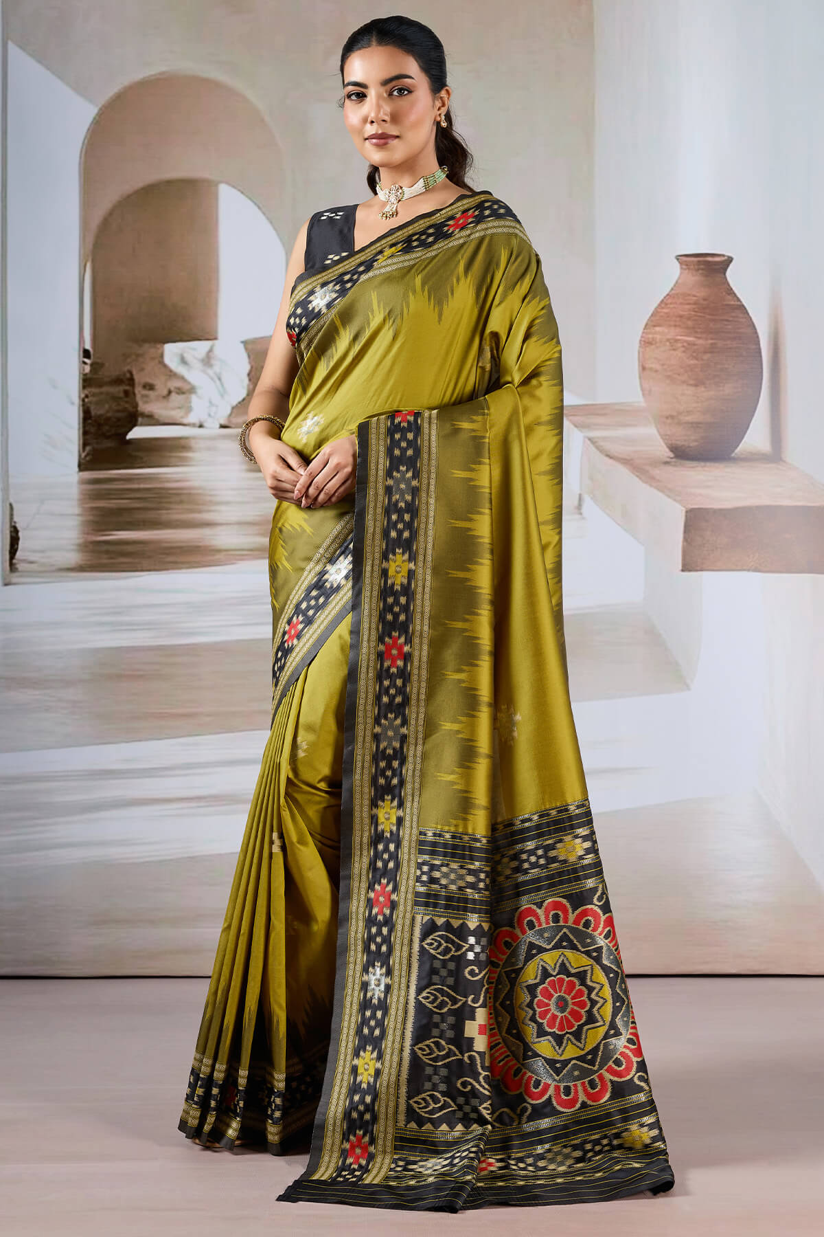 Panoply Mustard Patola Silk Saree with Elegant Blouse Piece