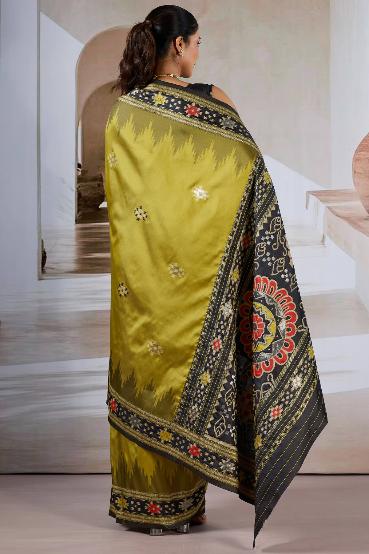 Panoply Mustard Patola Silk Saree with Elegant Blouse Piece