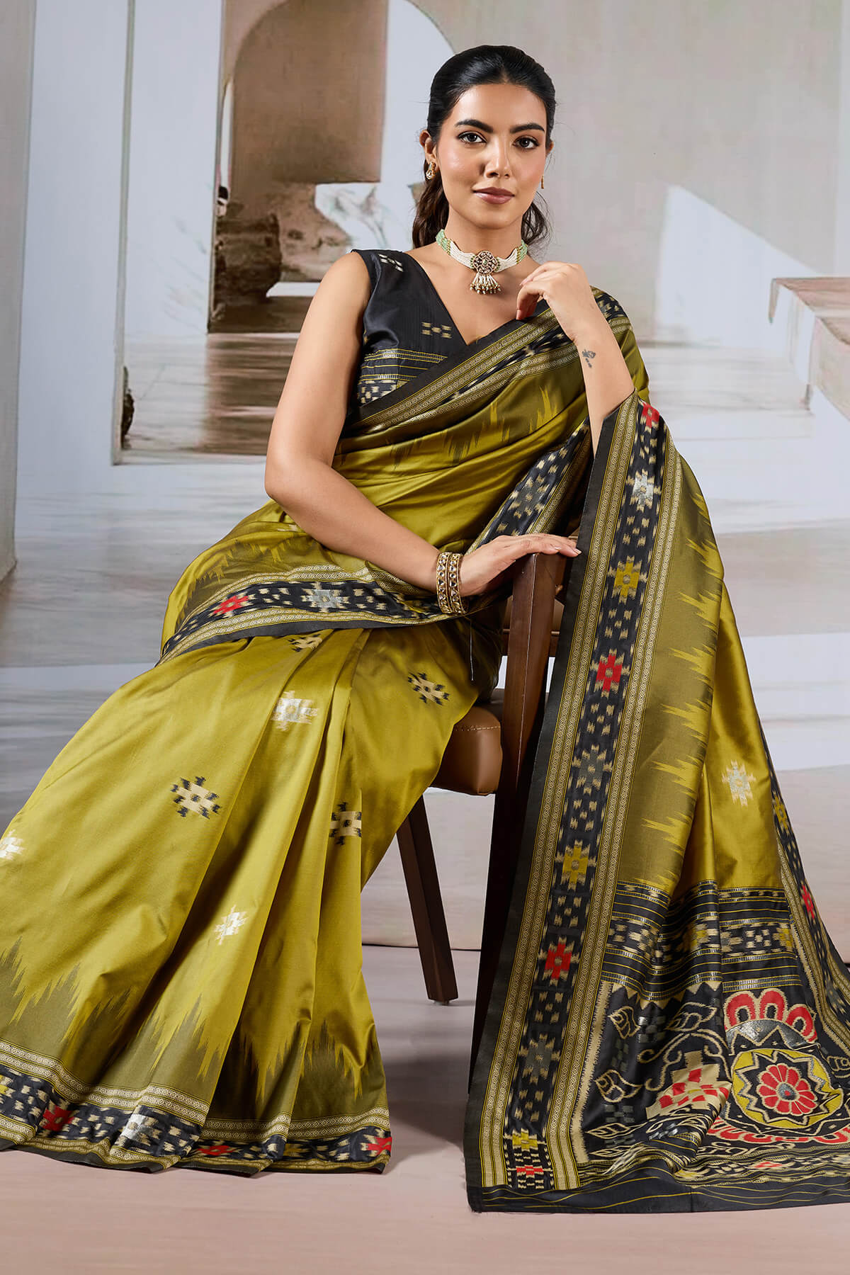 Panoply Mustard Patola Silk Saree with Elegant Blouse Piece