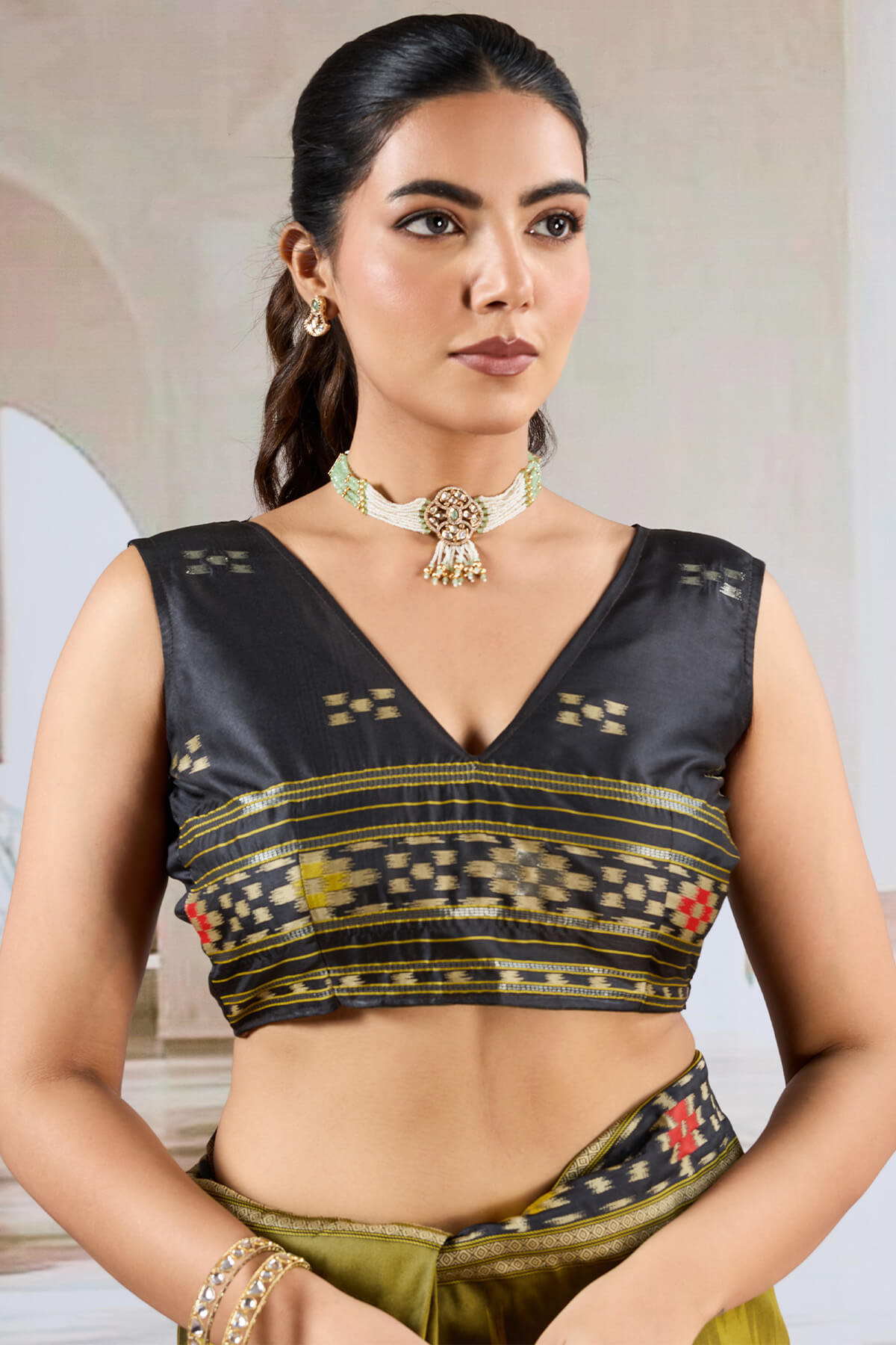 Panoply Mustard Patola Silk Saree with Elegant Blouse Piece