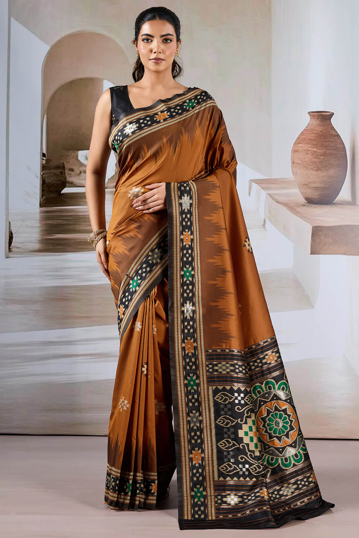 Vivacious Brown Patola Silk Saree with Excellent Blouse Piece
