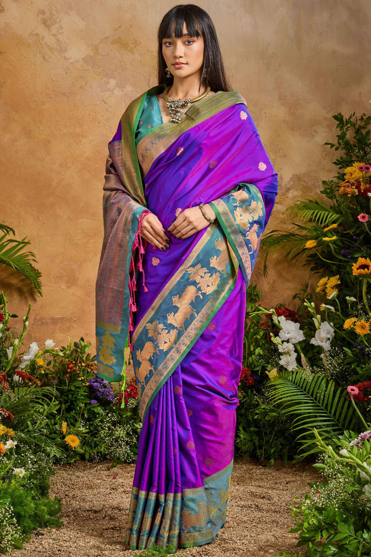 Sizzling Royal Purple Soft Banarasi Silk Saree With Inspiring Blouse Piece