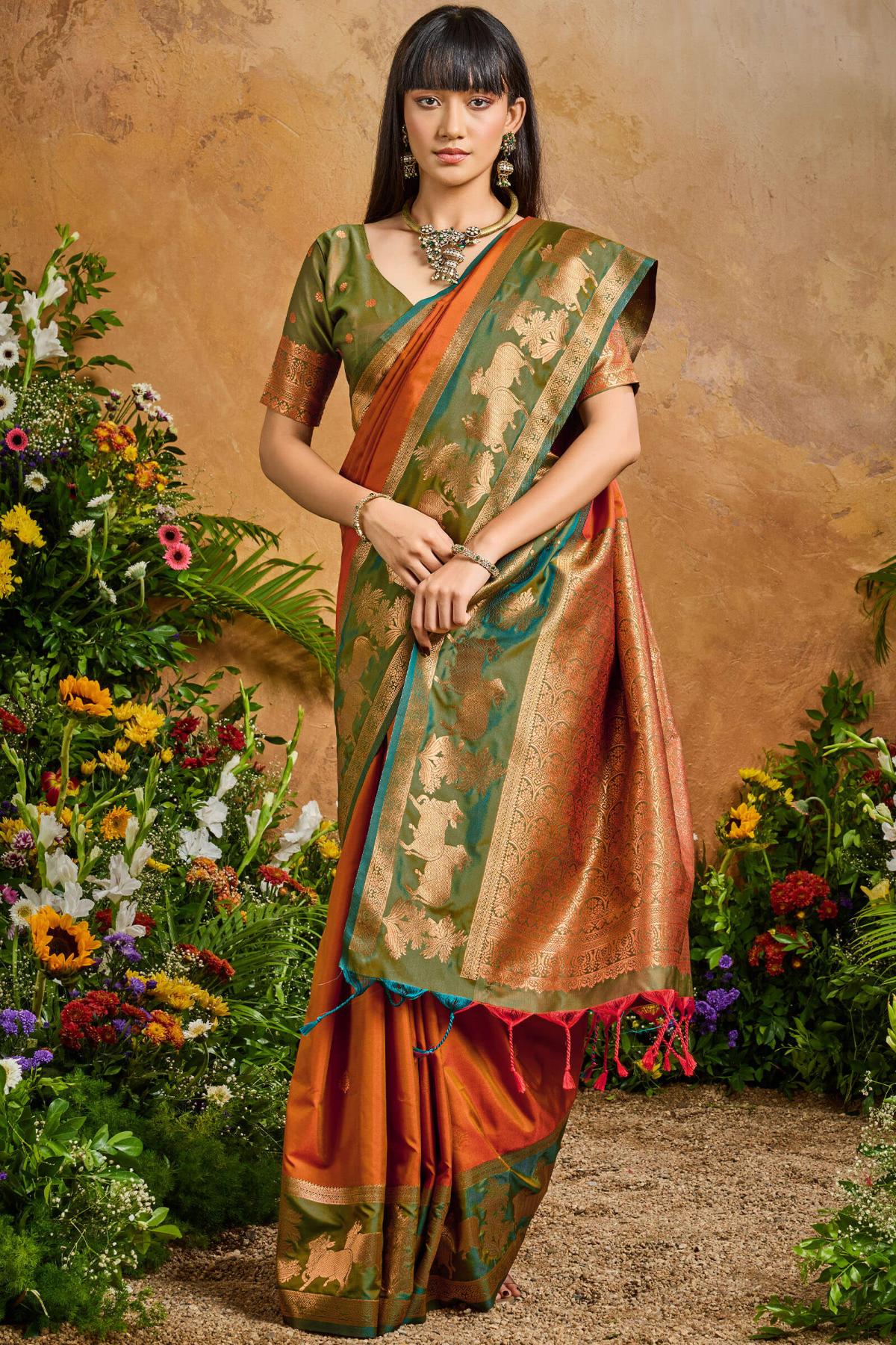 Magnificat Brown Soft Banarasi Silk Saree With Elision Blouse Piece