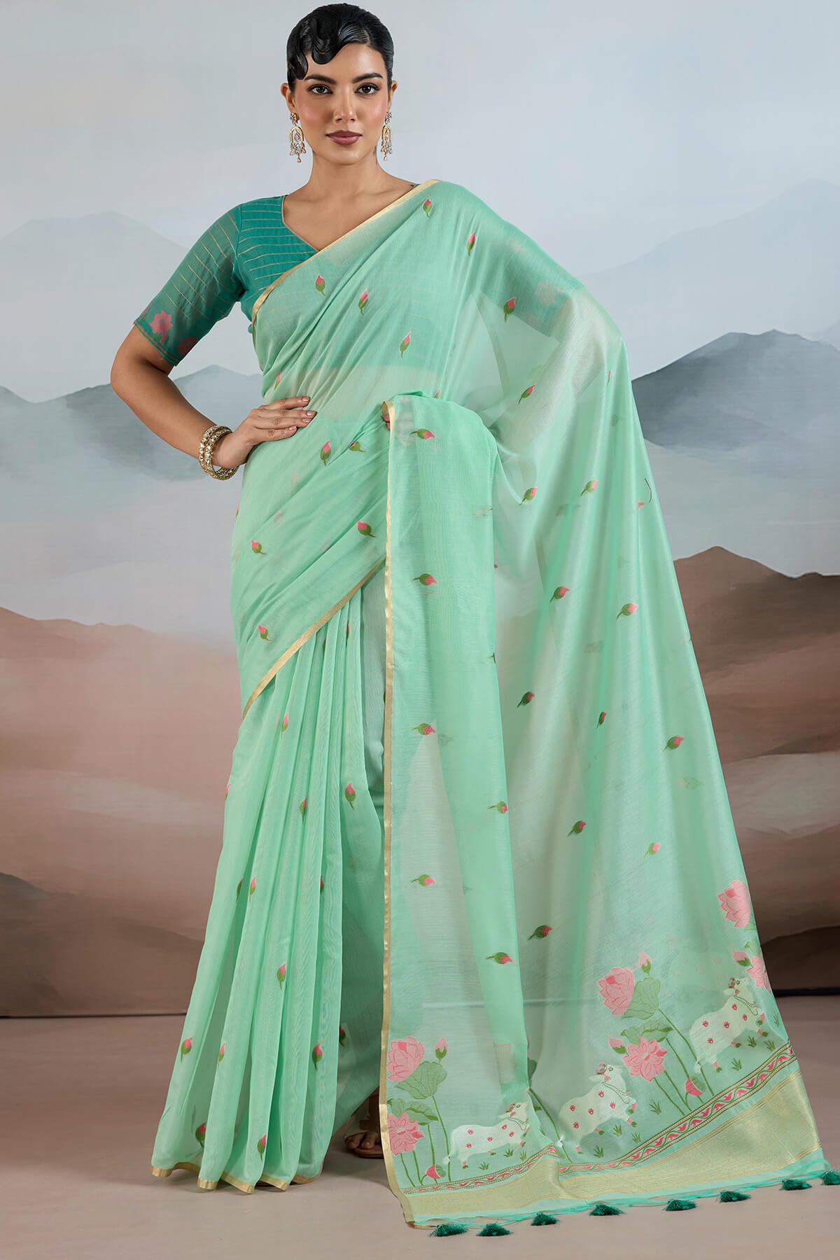 Chatoyant Turquoise Spun Cotton Silk Saree With Most Stunning Blouse Piece