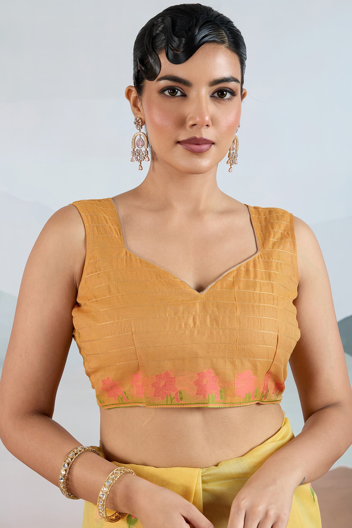 Posh Yellow Spun Cotton Silk Saree With Denouement Blouse Piece