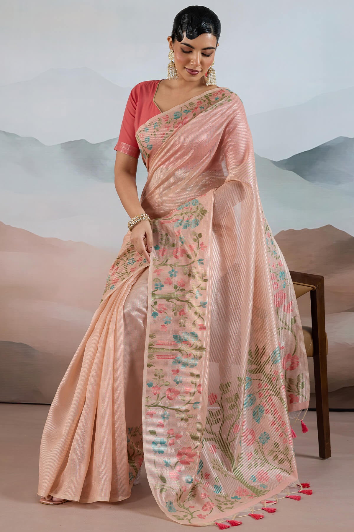 Pleasant Peach Soft Banarasi Tissue Silk Saree With Evocative Blouse Piece