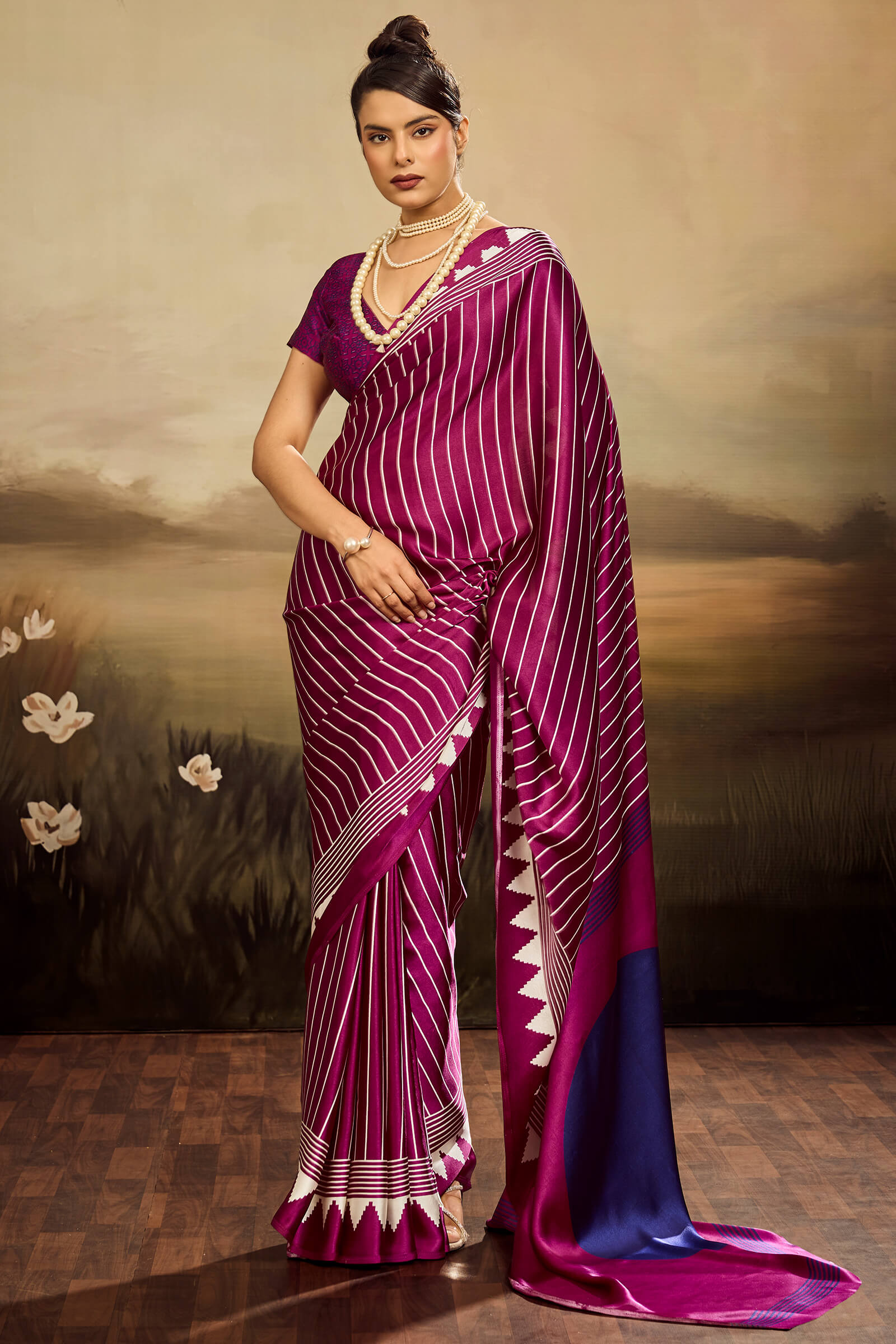 Conflate Purple Ajrakh Printed Semi Modal Silk Saree With Tantalizing Blouse Piece