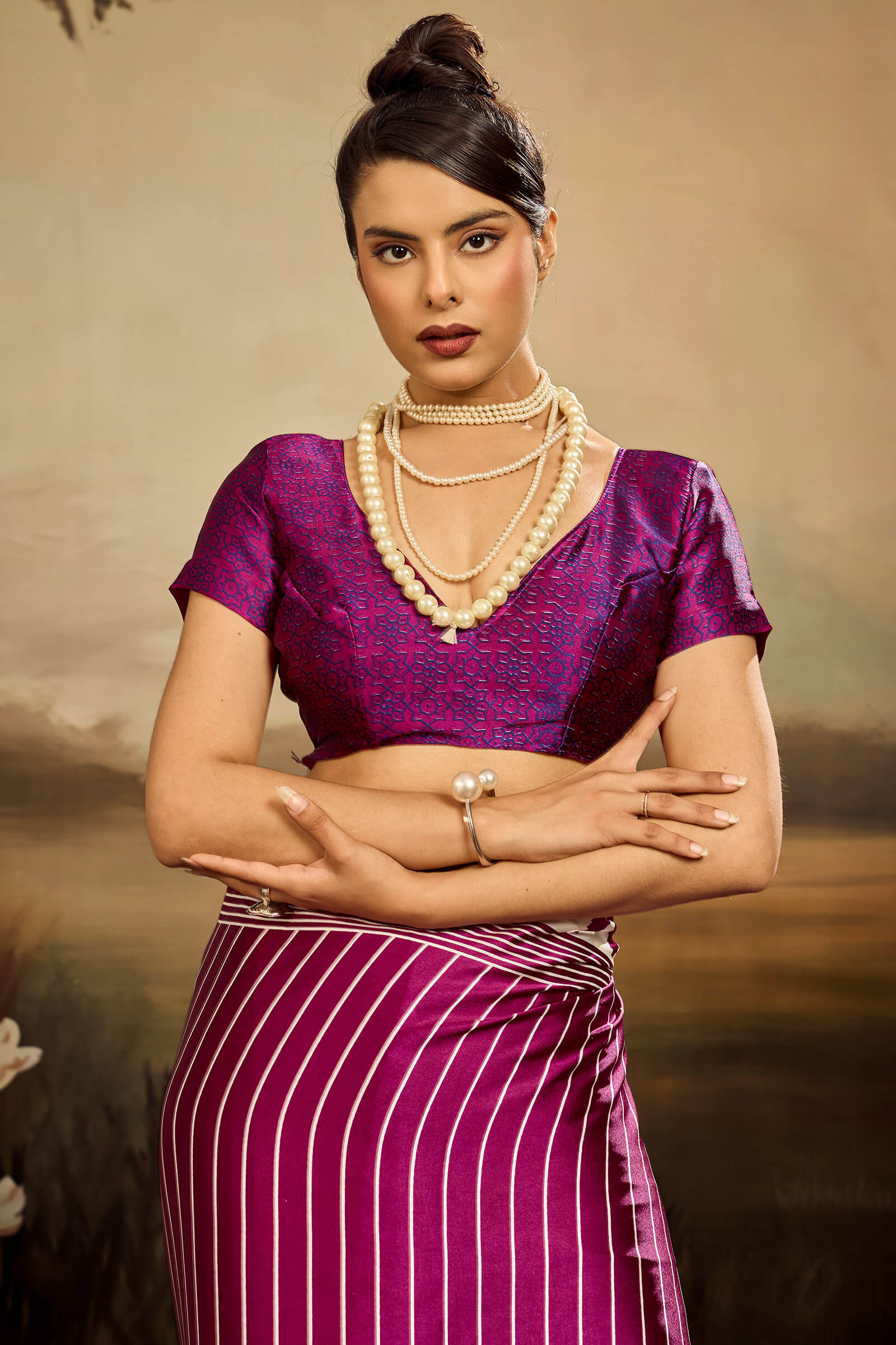Conflate Purple Ajrakh Printed Semi Modal Silk Saree With Tantalizing Blouse Piece
