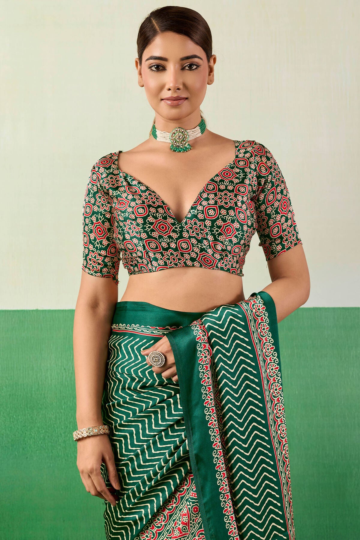 Ailurophile Dark Green Ajrakh Printed Semi Modal Silk Saree With Gorgeous Blouse Piece
