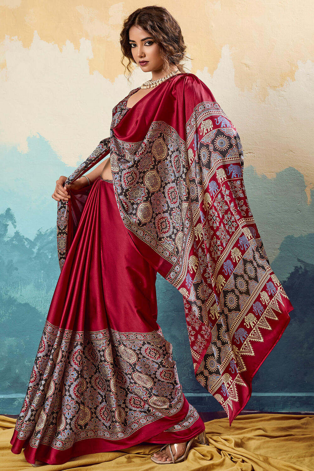 Scrumptious Maroon Ajrakh Printed Semi Modal Silk Saree With Splendiferous Blouse Piece