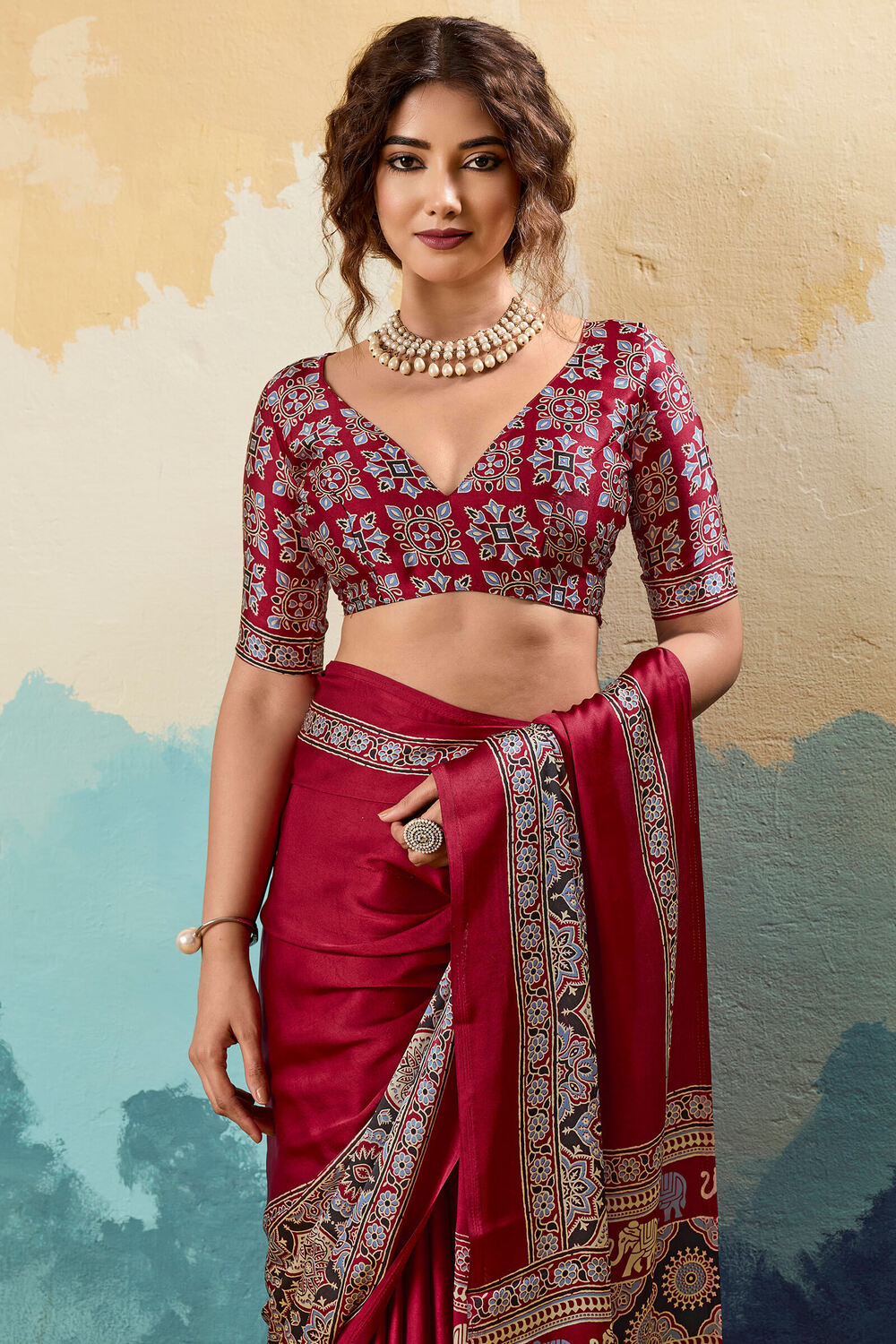 Scrumptious Maroon Ajrakh Printed Semi Modal Silk Saree With Splendiferous Blouse Piece