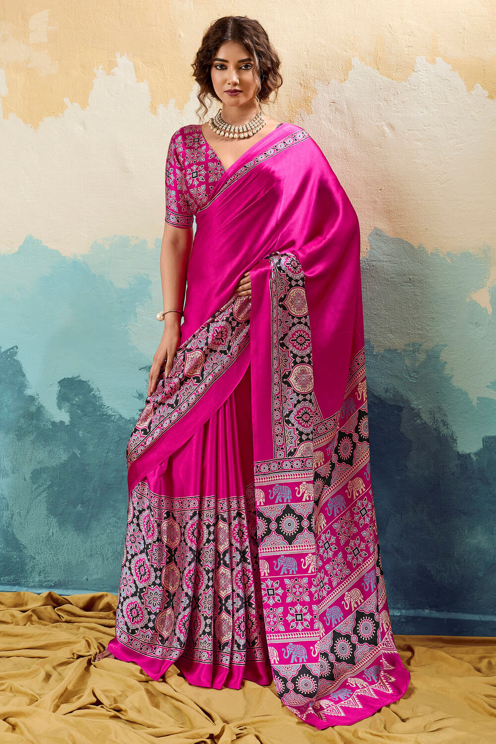Stunner Dark Pink Ajrakh Printed Semi Modal Silk Saree With Beleaguer Blouse Piece