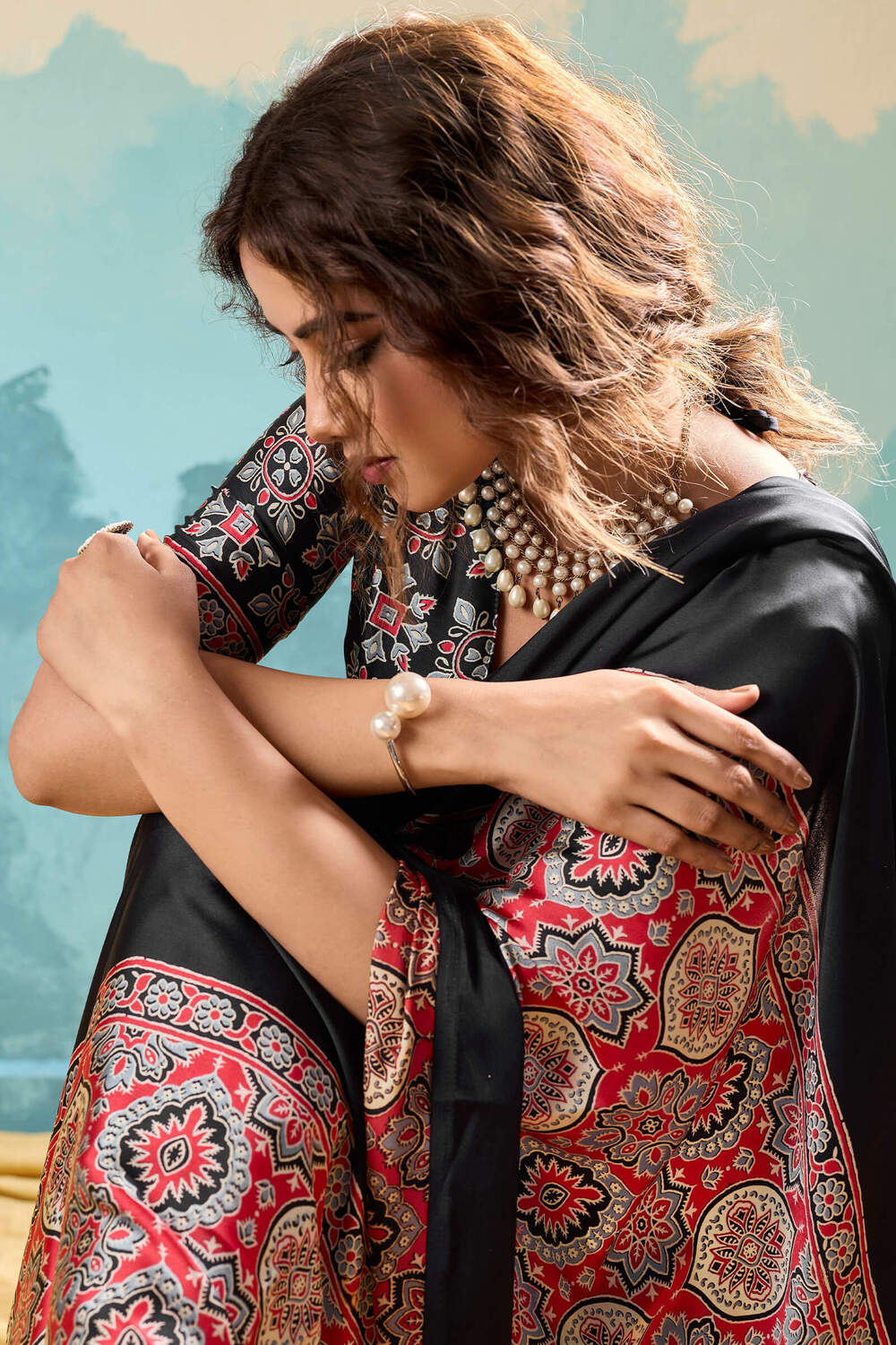 Elision Black Ajrakh Printed Semi Modal Silk Saree With Charismatic Blouse Piece