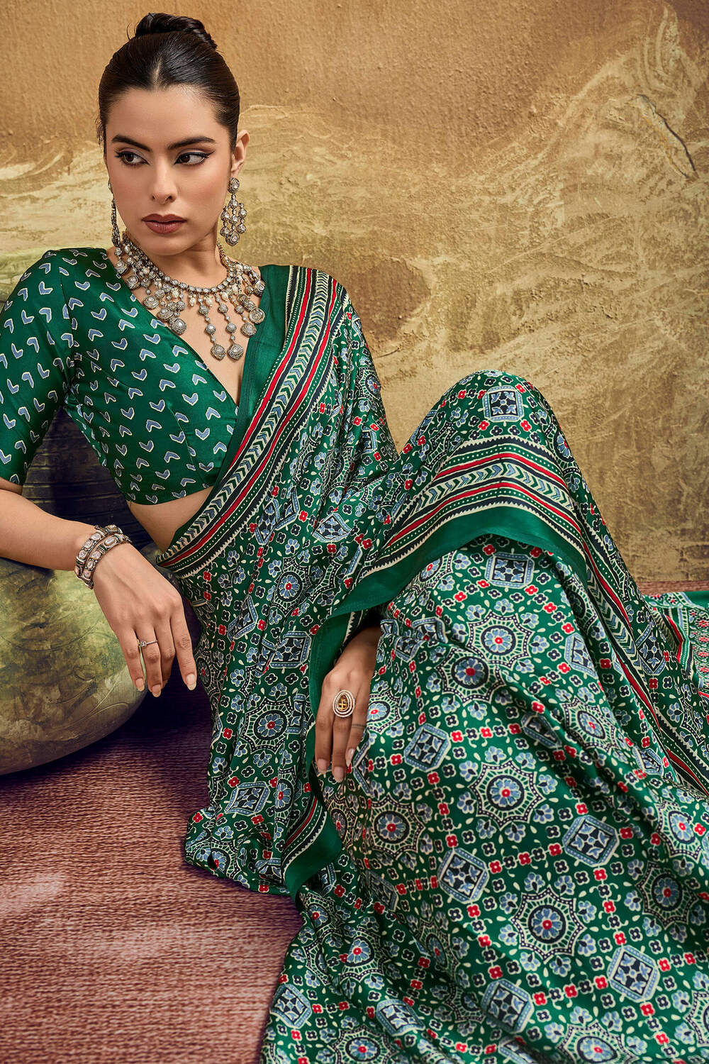 Smashing Dark Green Ajrakh Printed Semi Modal Silk Saree With Opulent Blouse Piece