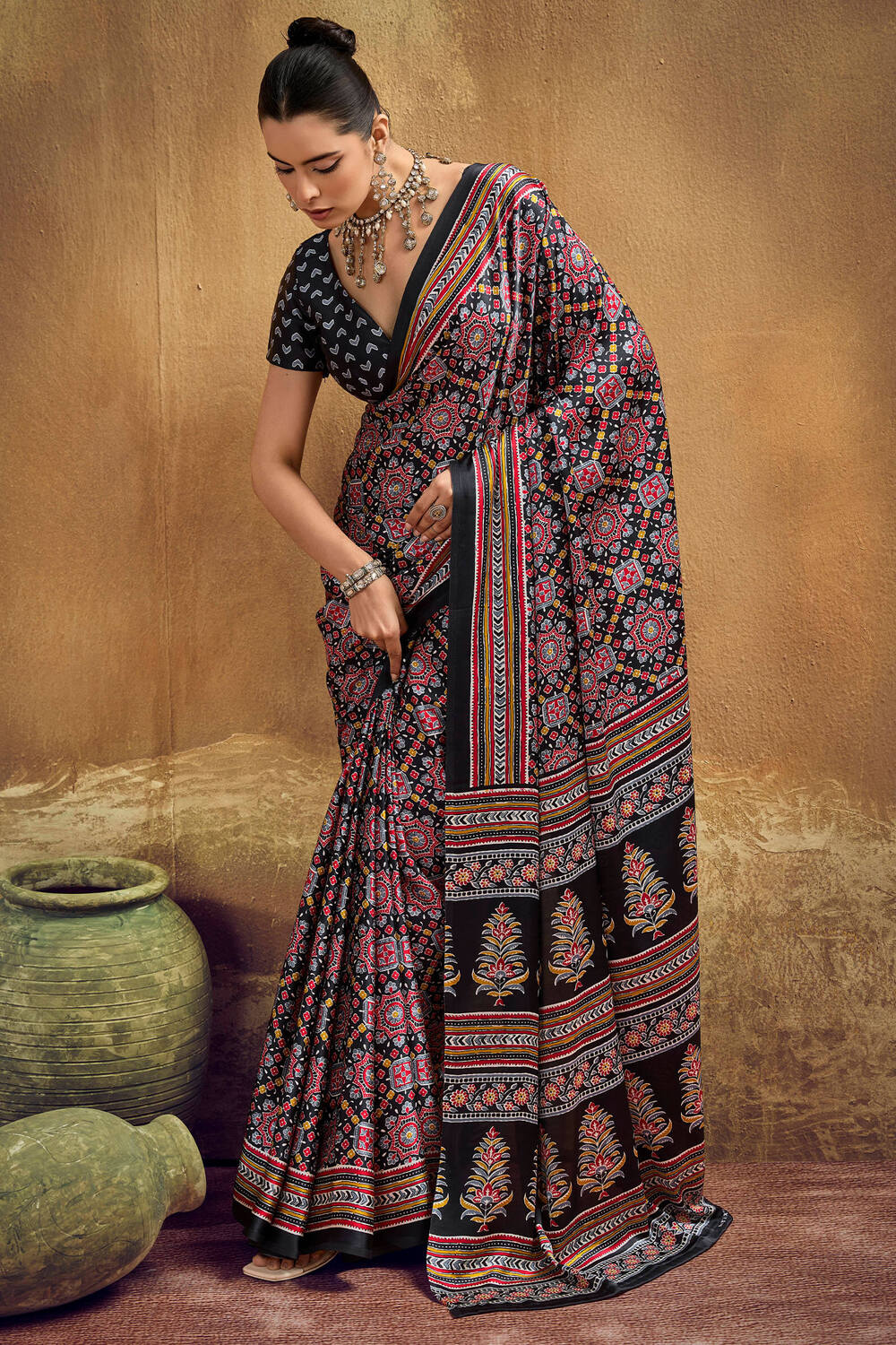 Fancifull Black Ajrakh Printed Semi Modal Silk Saree With Confounding Blouse Piece