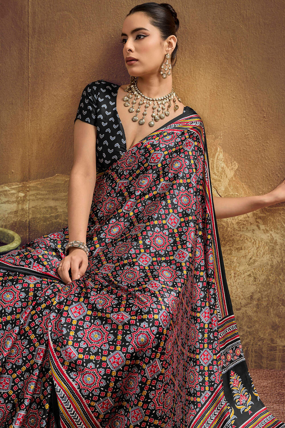 Fancifull Black Ajrakh Printed Semi Modal Silk Saree With Confounding Blouse Piece