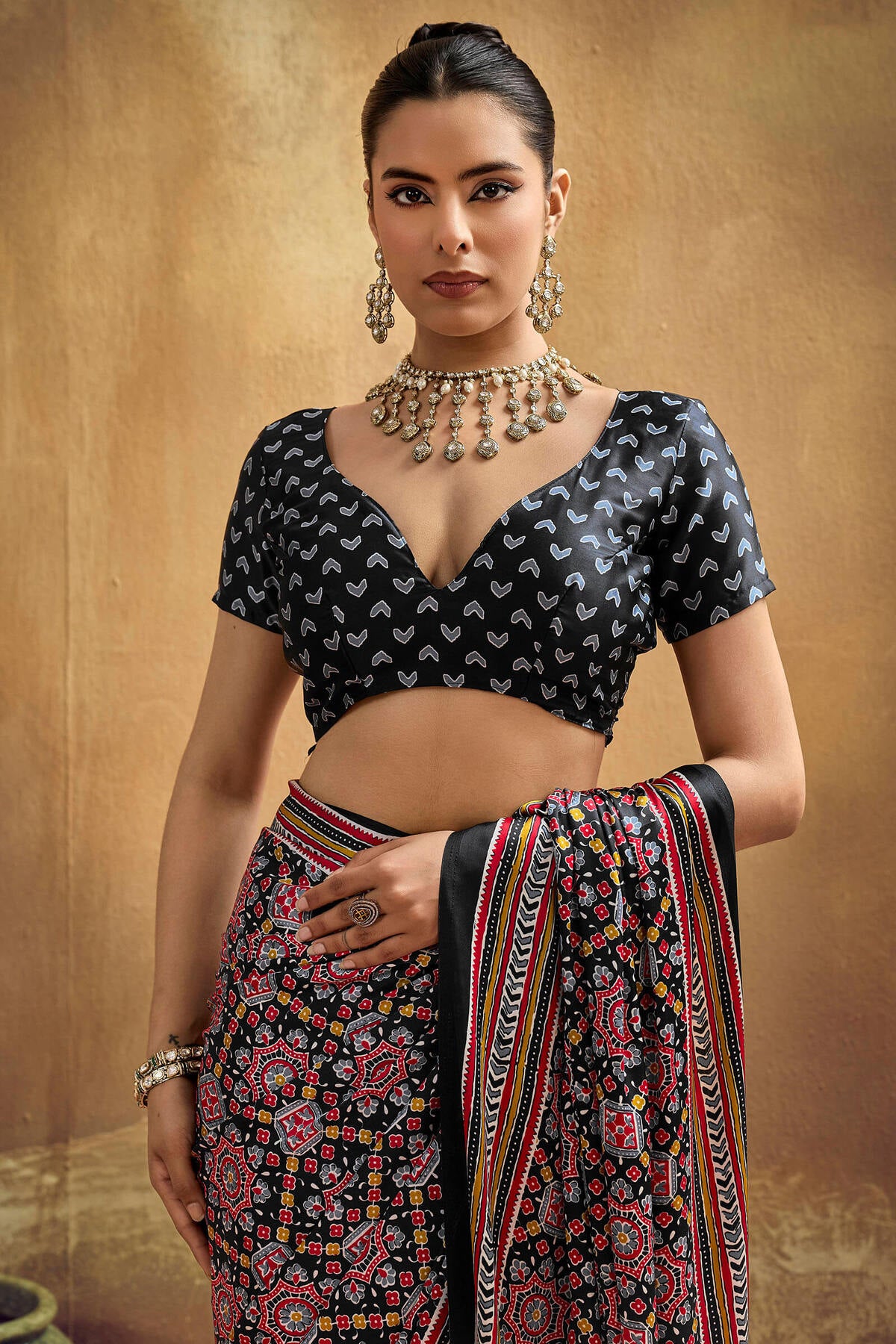 Fancifull Black Ajrakh Printed Semi Modal Silk Saree With Confounding Blouse Piece