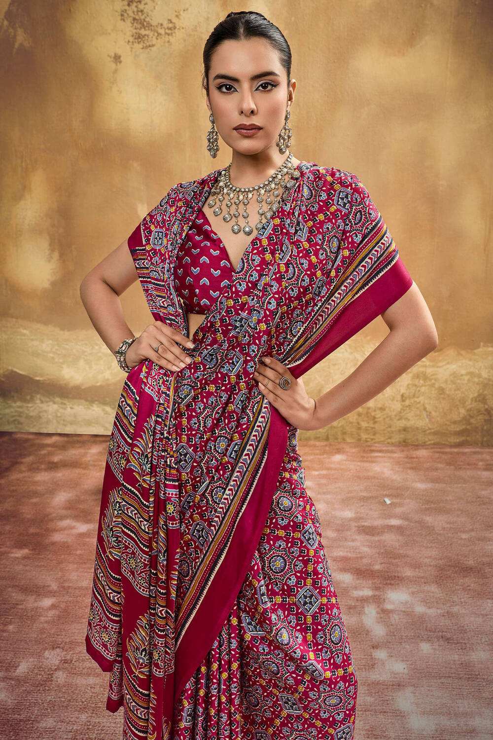 Felicitous Maroon Ajrakh Printed Semi Modal Silk Saree With Glamorous Blouse Piece